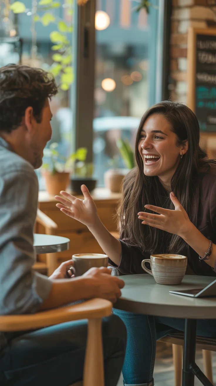 Coffee meetup β two friends chatting at a cozy cafΓ©
