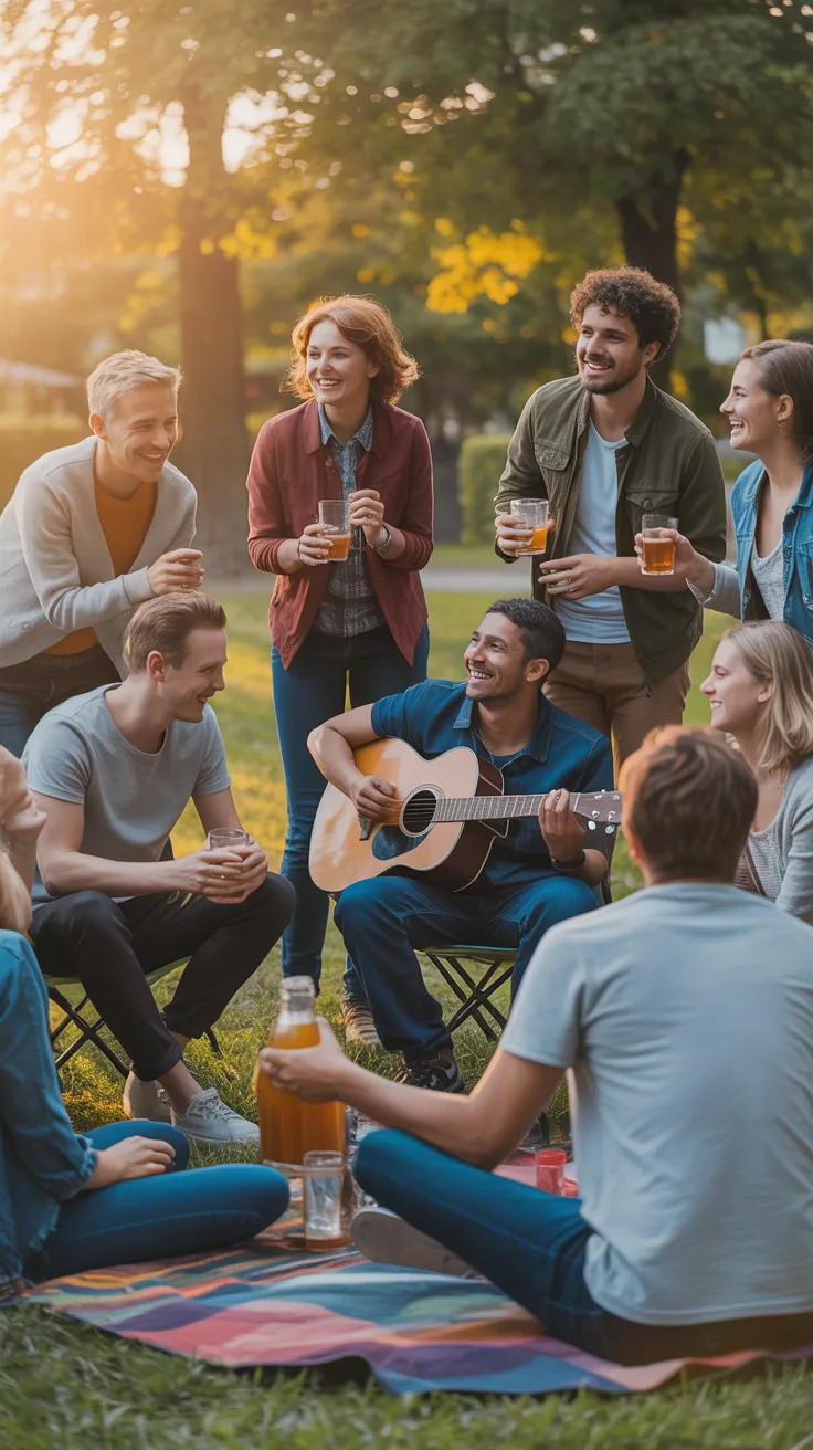 Outdoor gathering β community members enjoying golden hour in a park